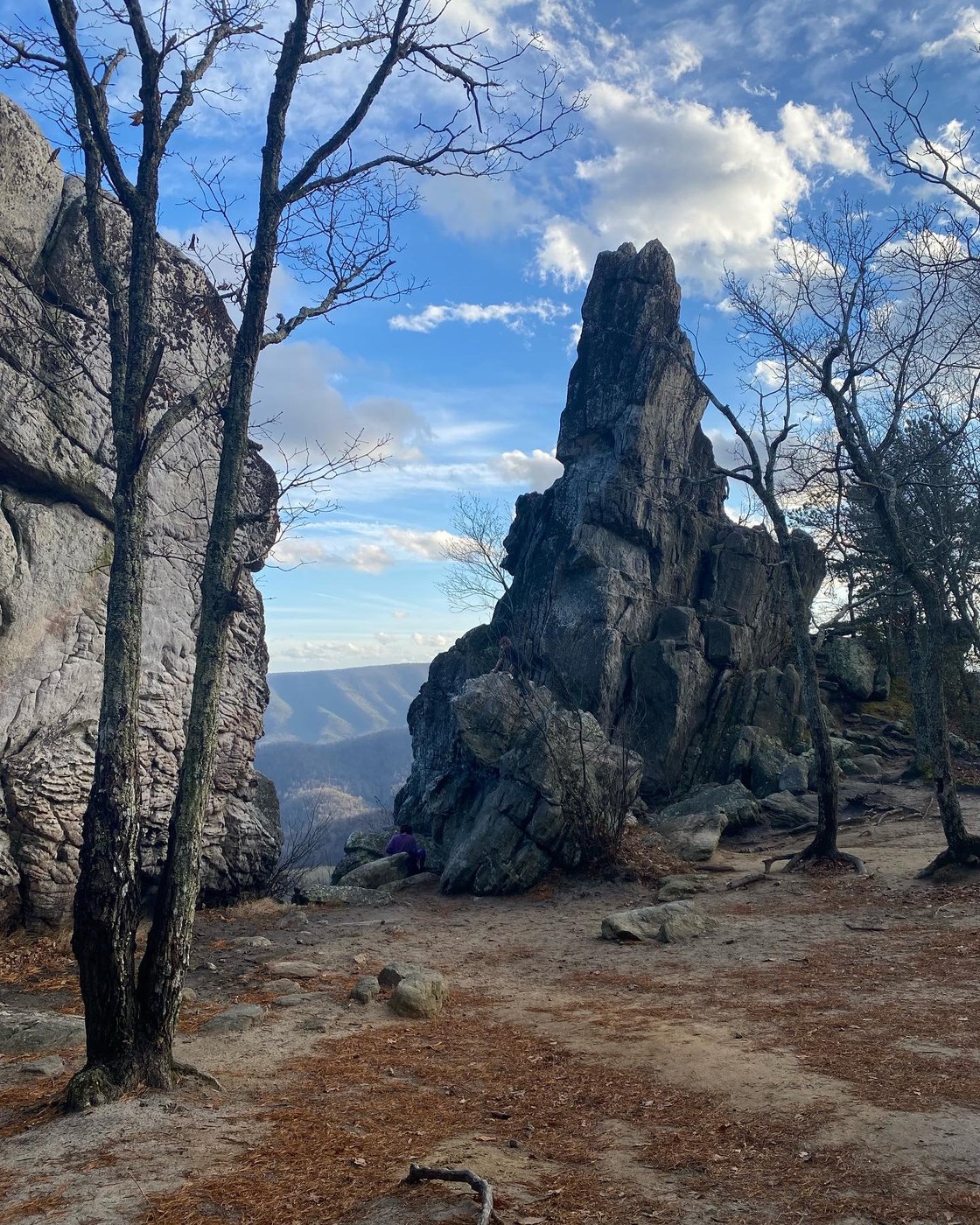 A tall rock spire among bare trees against a blue sky