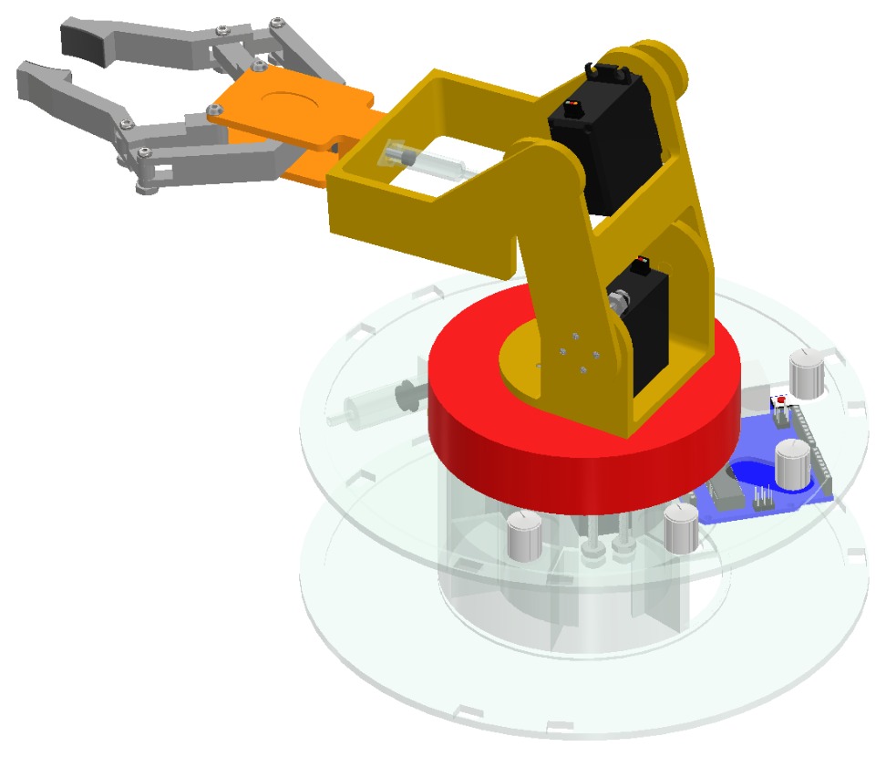 Color CAD render of the four-axis robotic arm with its claw extended