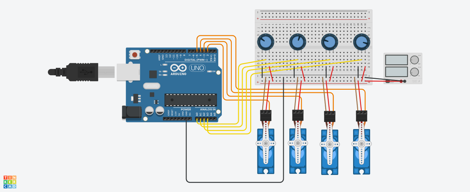 Circuit diagram: Arduino Uno wired to four potentiometers on a breadboard and four servos