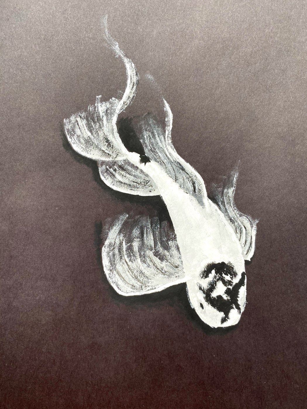 White koi drawn on dark brown paper