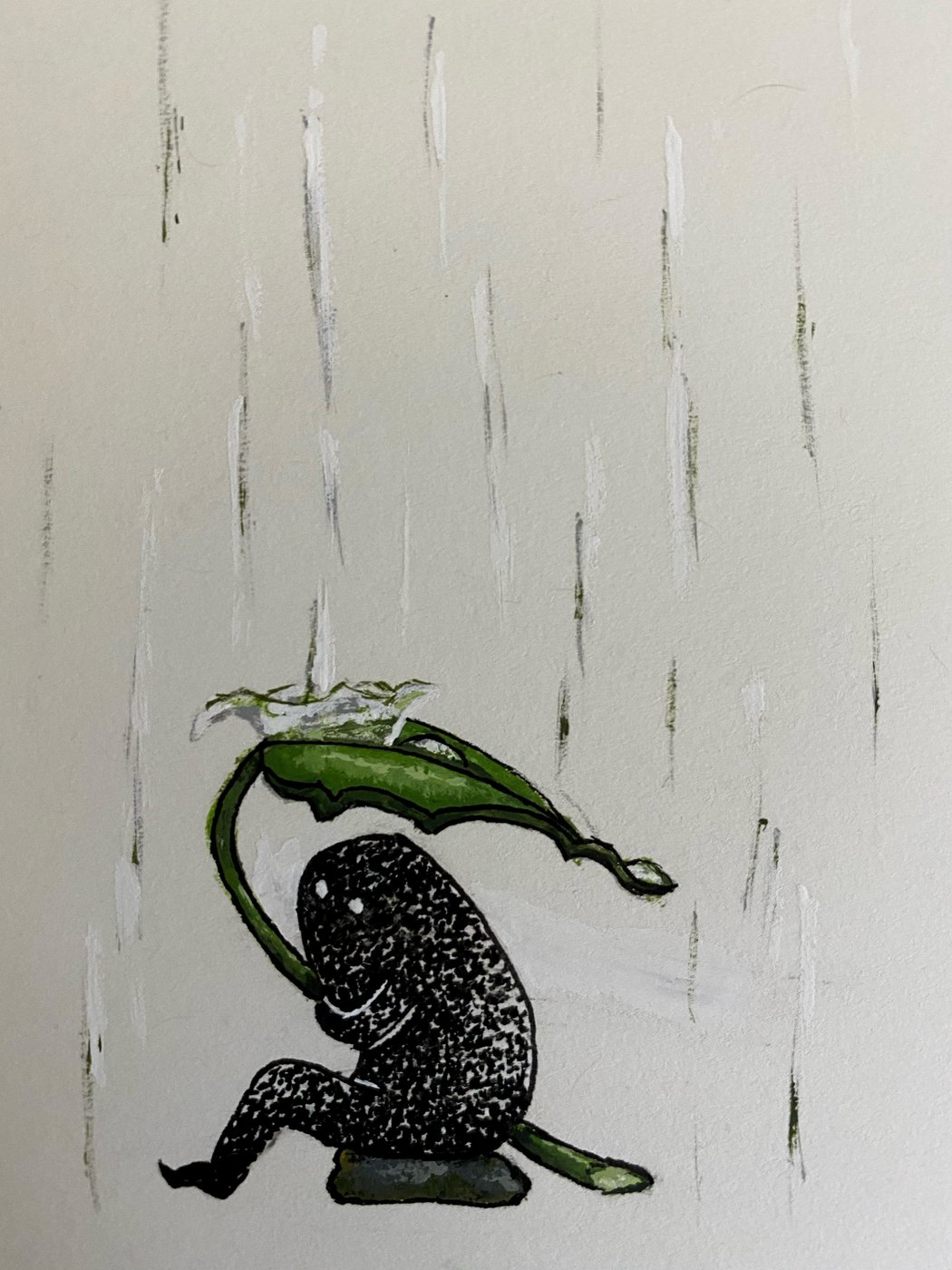 Ink and wash drawing of a crouching figure lifting a fish overhead in the rain