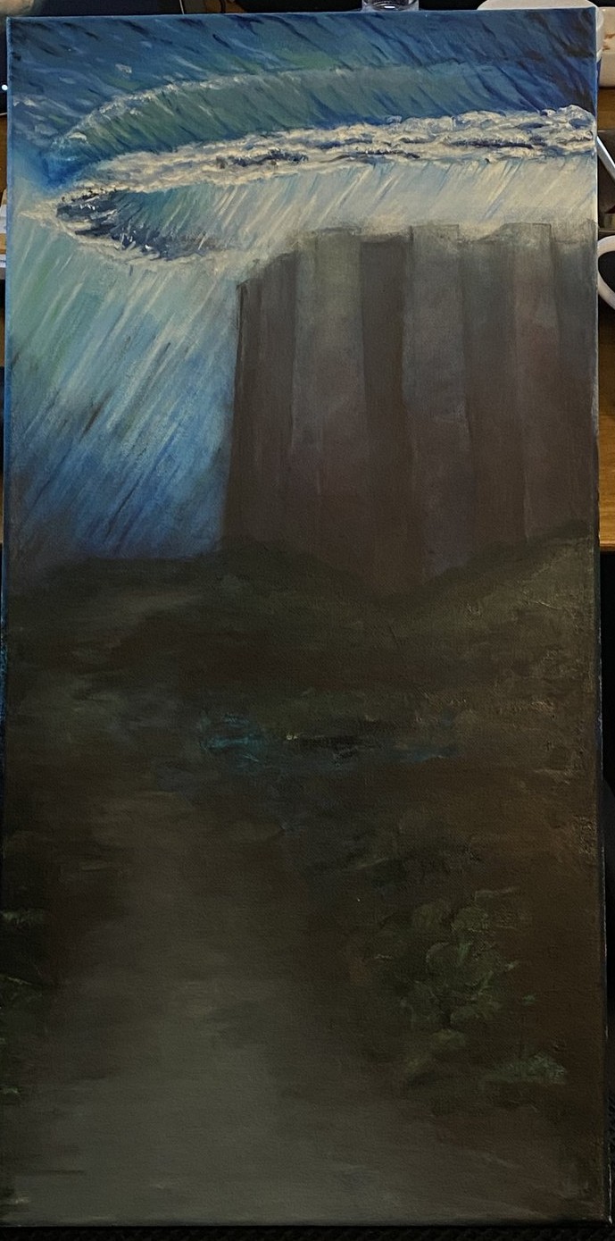 Painting on tall canvas of a breaking wave above dark cliffs