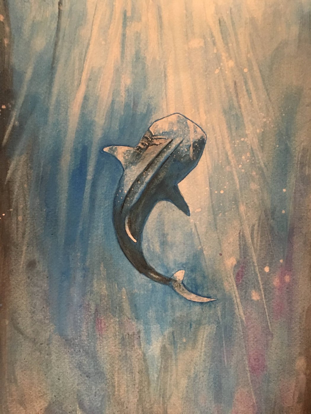 Painting of a fish over a copper and blue washed background