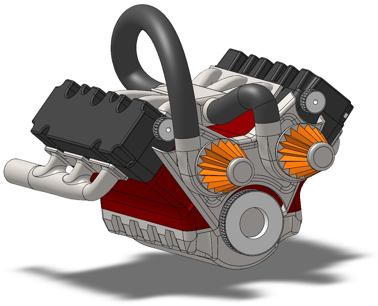 Shaded SolidWorks render of the completed V6 assembly