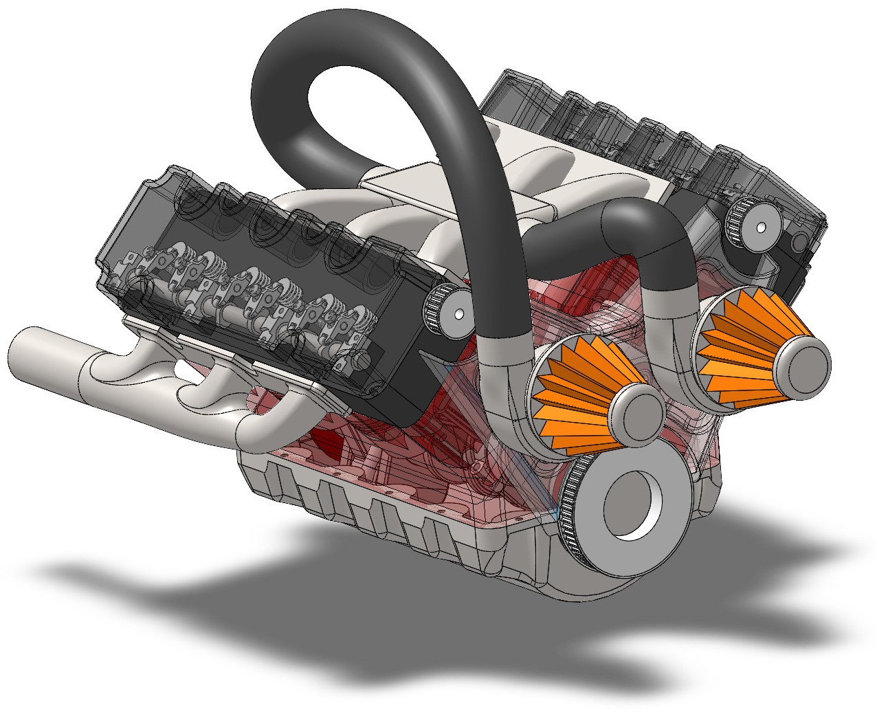Transparent SolidWorks render showing the V6 valvetrain and rocker arms