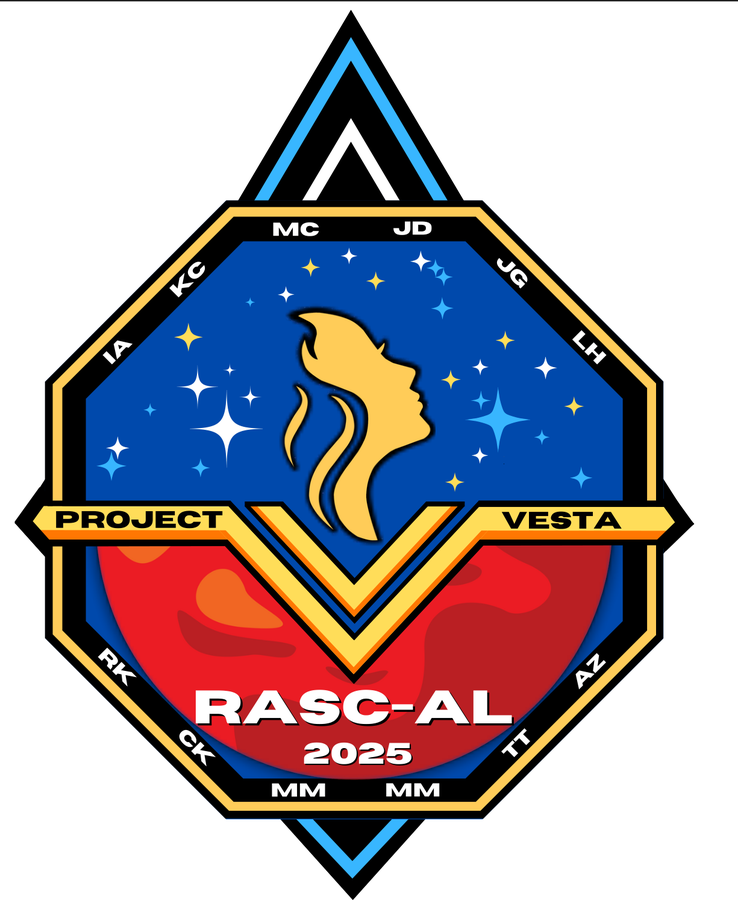 The Project VESTA mission patch — a diamond badge carrying the team's initials, a torch-bearing figure over a starfield, and Mars below
