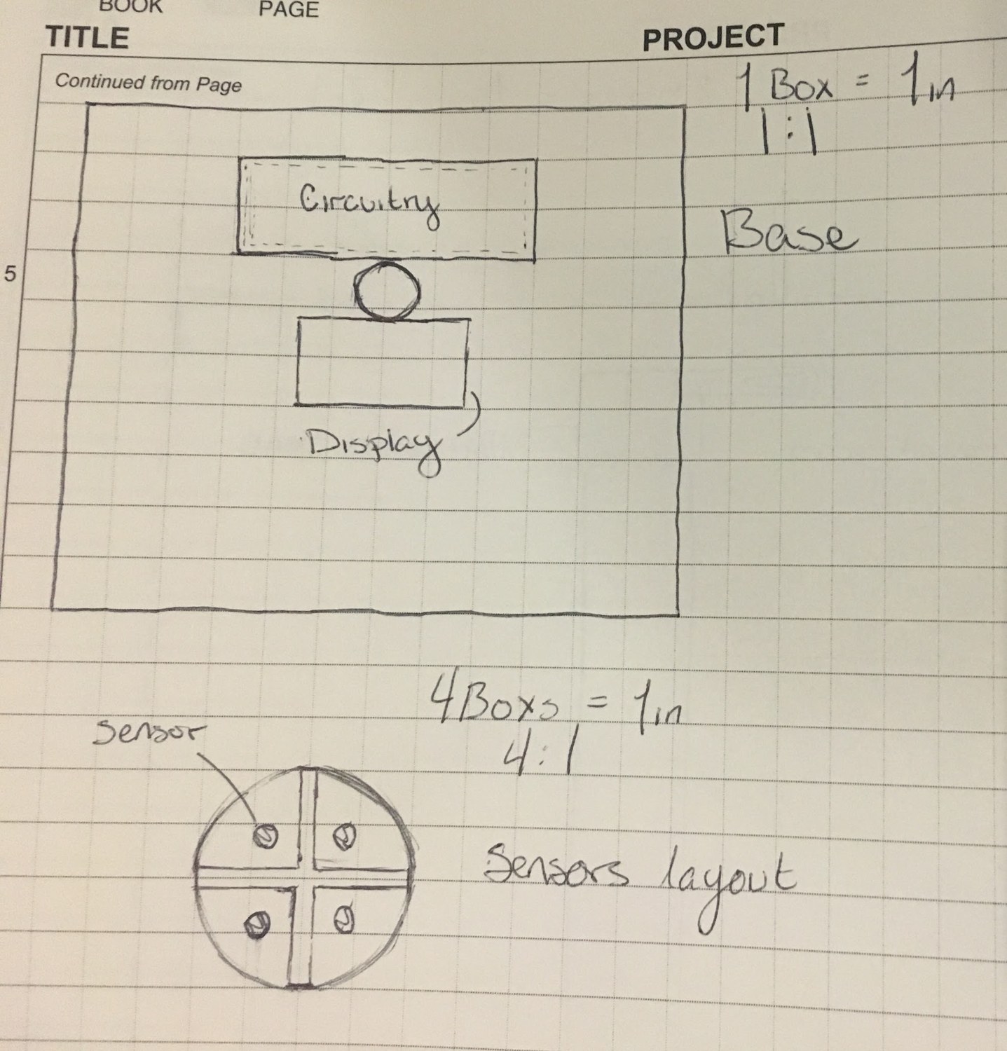 Madeline's hand-drawn top view of the base with the circuitry box and display either side of the pole, and a sensor layout of four sensors in quadrants