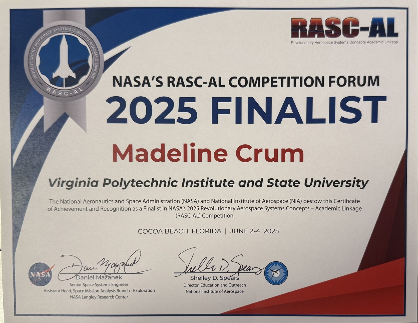 NASA RASC-AL 2025 Finalist certificate awarded to Madeline Crum